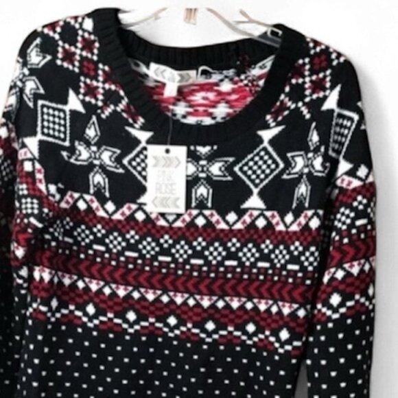 Pink Rose NEW Sweater Dress Tunic Pockets Print Knit Soft Nordic Style Large Red - Picture 4 of 15